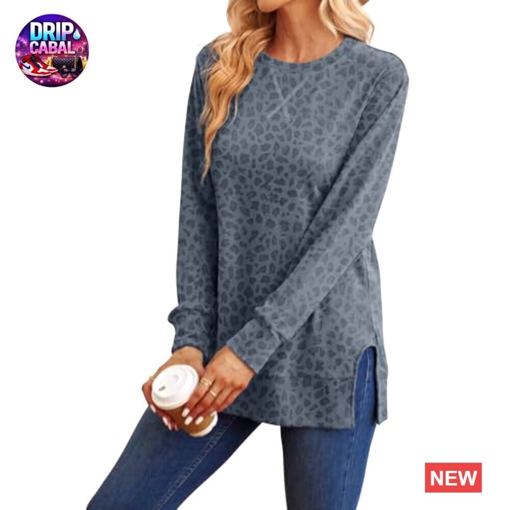 Side Split Hem Sweatshirt Long Sleeve Relaxed Fit Y2K Chic Trending Fashion - Picture 2 of 6